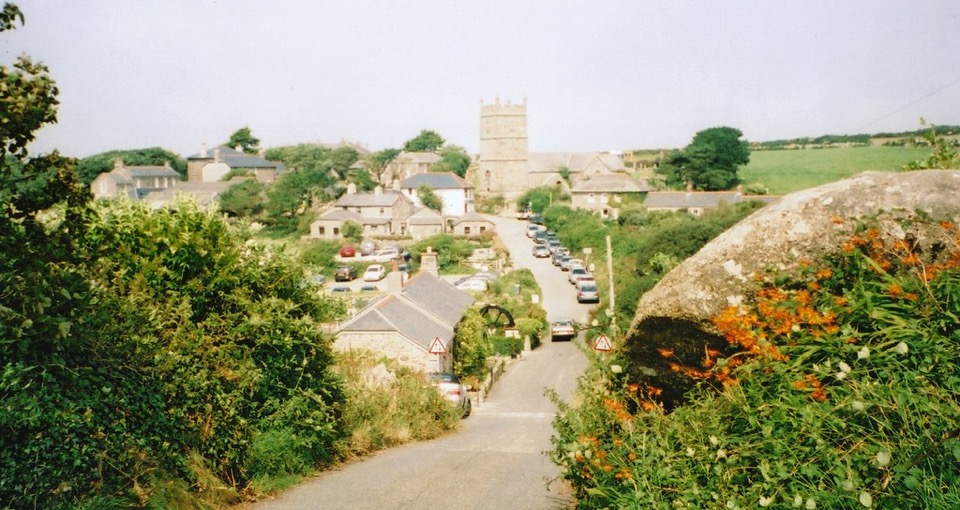 Stone houses and a church tower in the Cornish village of Zennor